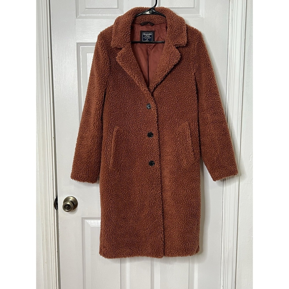 Abercrombie Teddy Sherpa Coat M Brown Long Plush Cozy Quiet Luxury Winter Jacket - Picture 2 of 9
